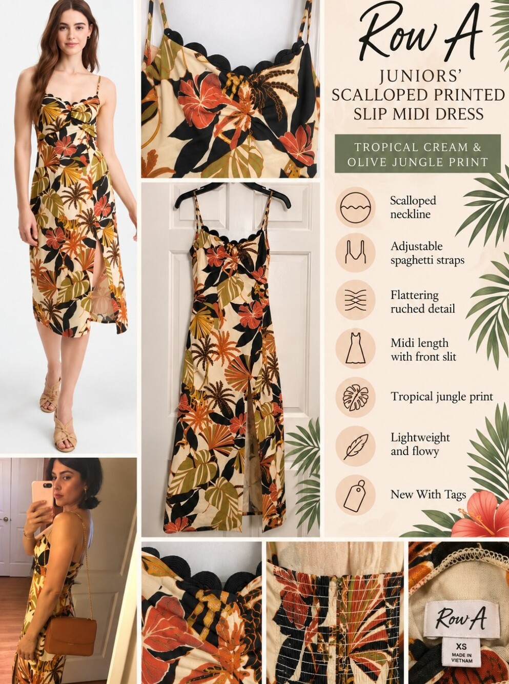 Row A Juniors' Scalloped Printed Slip Midi Dress in the tropical cream and olive